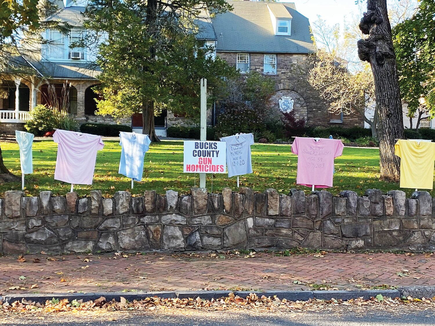 Heeding God’s Call to End Gun Violence, a grassroots, interfaith organization, has placed shirts with the names of Bucks County residents killed by gun violence in the last 10 years along East Court Street in Doylestown Borough, across the street from Salem UCC. The nonprofit will be holding a Witness Walk on Nov. 19.