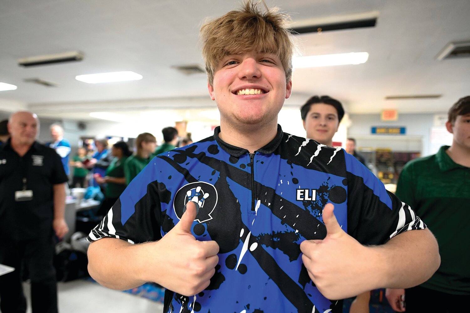 Quakertown bowler Eli Pint, who carries a 187 average, gives the thumbs up after his strike in the second game of the match.