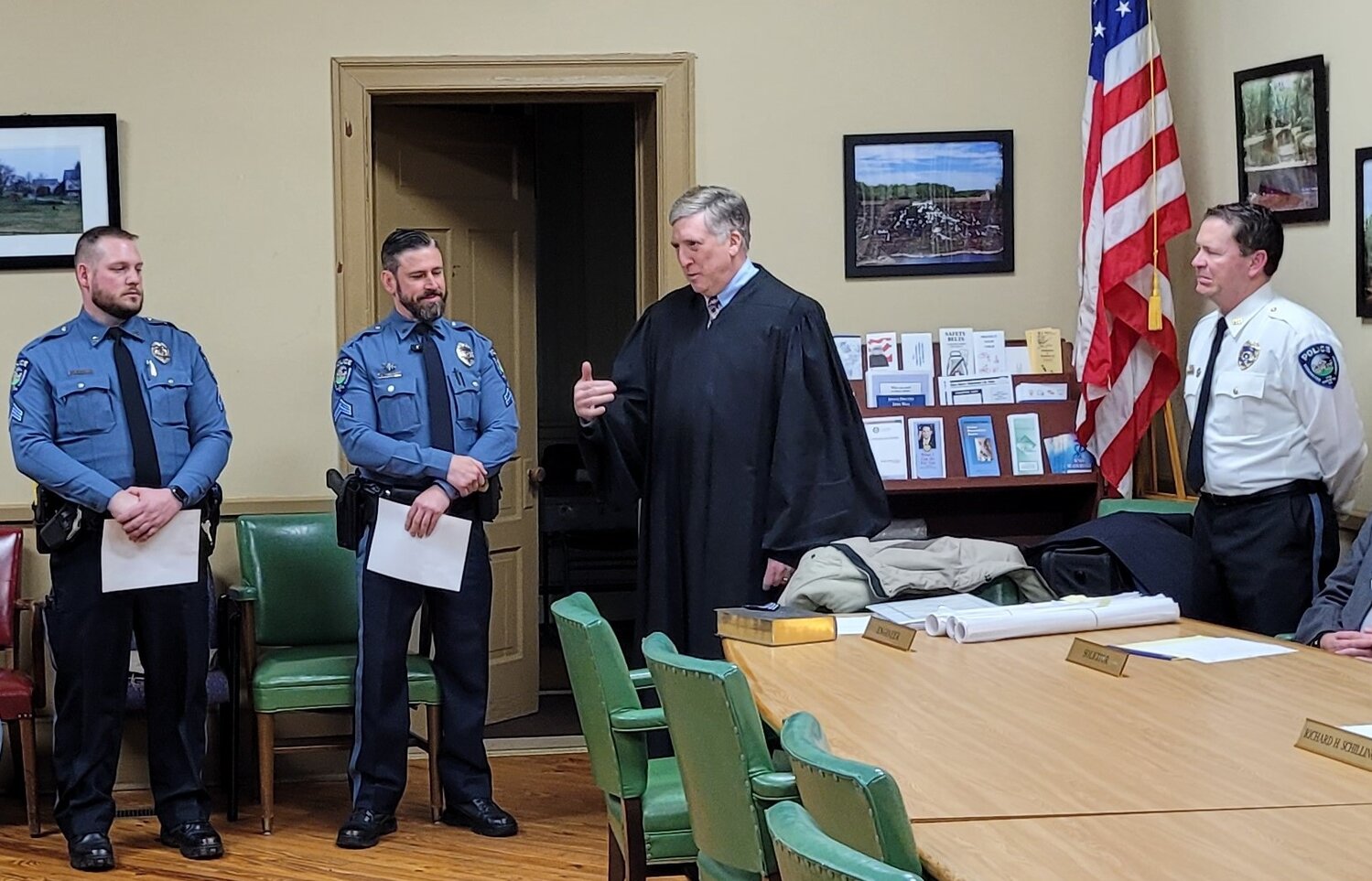At the Jan. 10 Bedminster Township board of supervisors meeting, District Judge Gary Gambardella took the occasion of his promoting police officers Mark Thompson and Nicholas Virnelson to praise the department’s officers, chief, and staff for growing it from “good” to “great.”