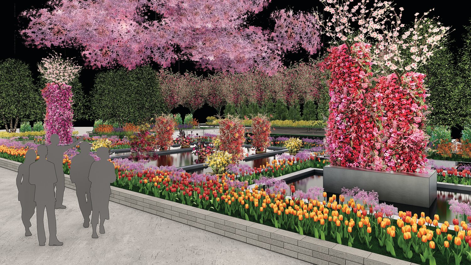 According to a statement, the PHS Entrance Garden at the Flower Show “will captivate with its innovative use of water as an artistic medium.” The “glass-like centerpiece will showcase vibrant floral sculptures emerging gracefully, while a colossal aerial floral sculpture reflects enchanting colors.”