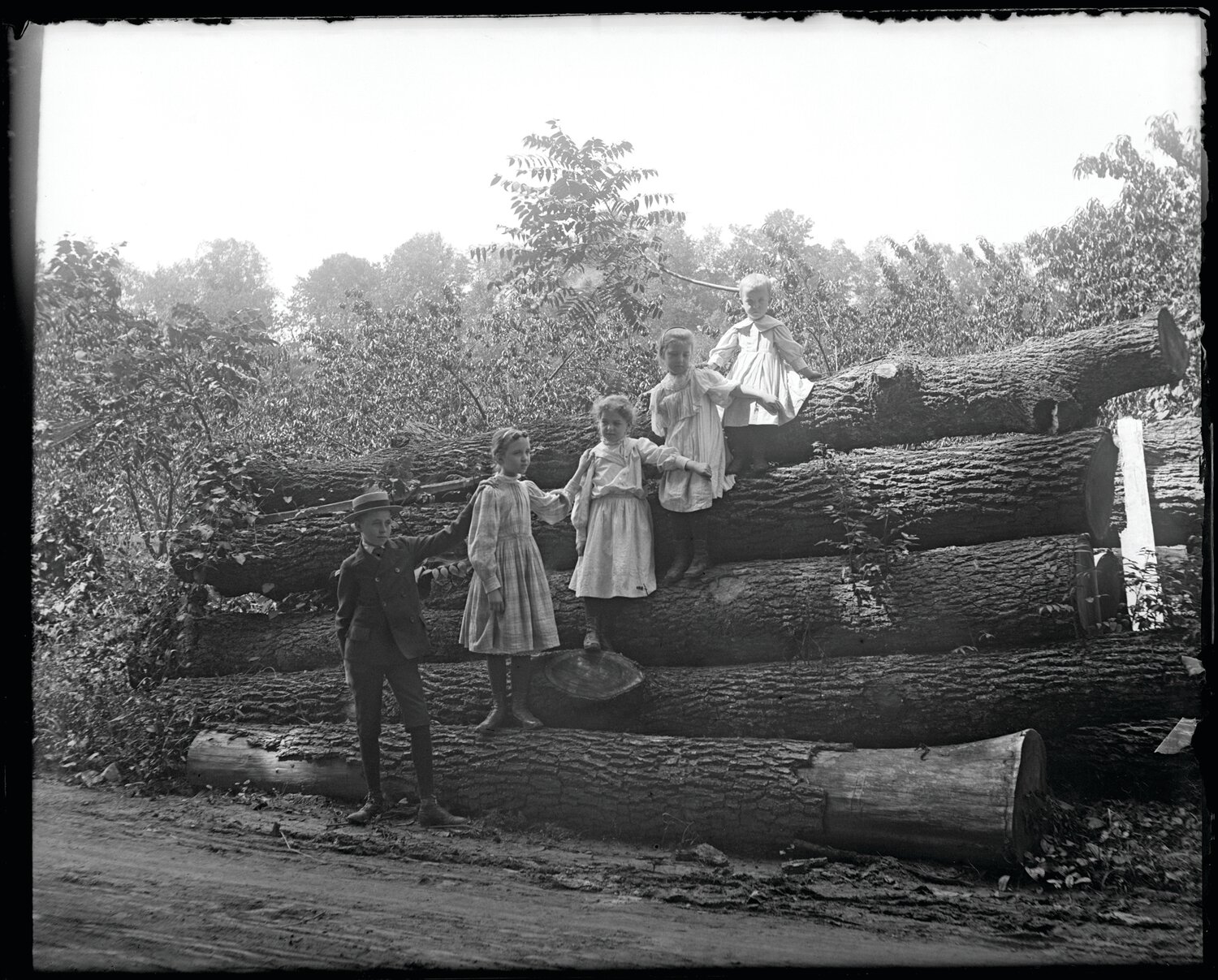 Maxwell Stover, left, and sisters posing on logs in Erwinna, on Aug. 29, 1897. The digital print is from Grant Castner’s original 4-by-5 glass plate negative, a gift of Robert R. Jones in memory of William R. Paquin.