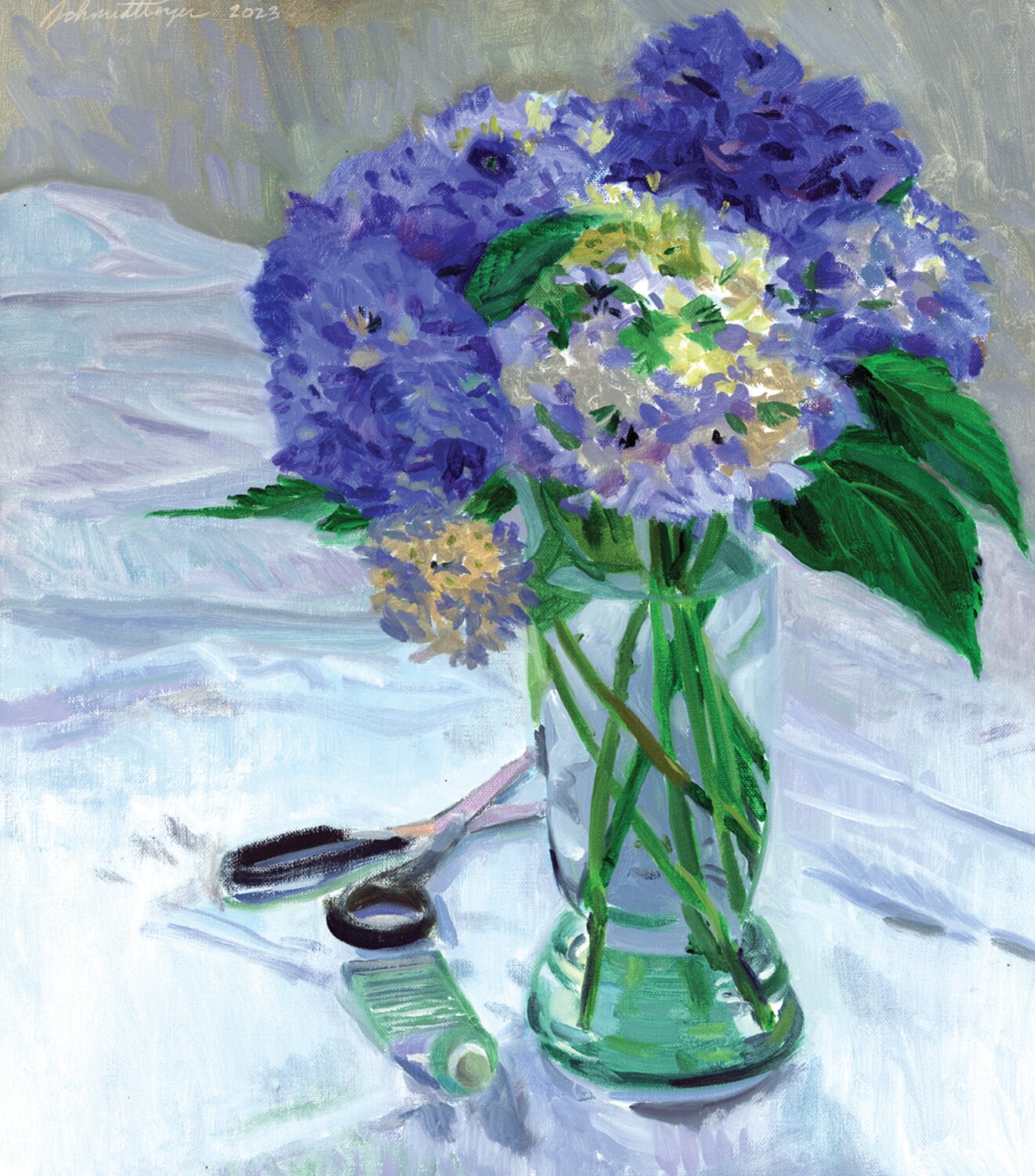 “Hydrangea, Scissors and Paint Tube” is an 18- by 16-inch oil on canvas by John Schmidtberger.