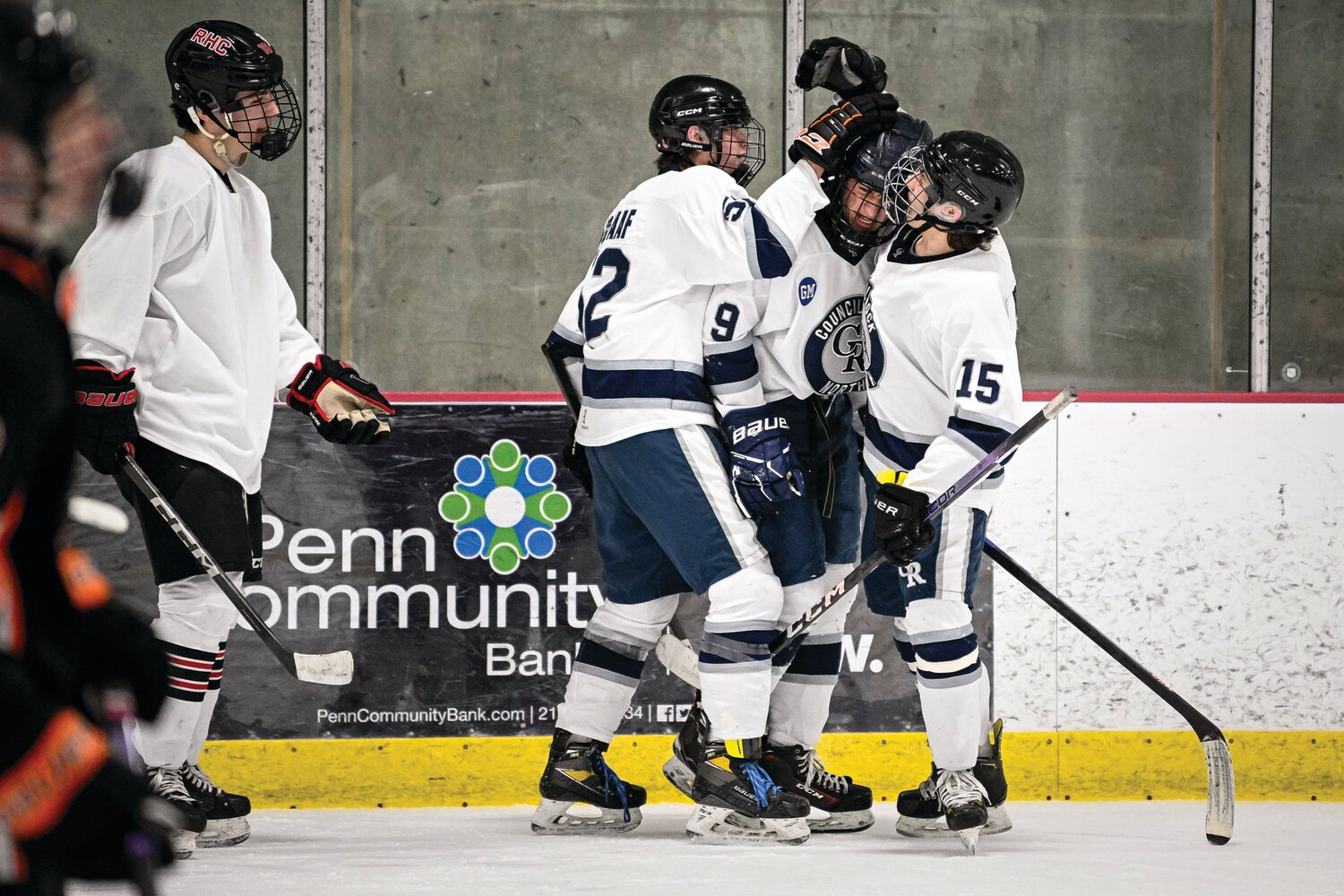 Christian Funk gets congratulated after scoring his first goal of the season, making it 3-1 in the second period.