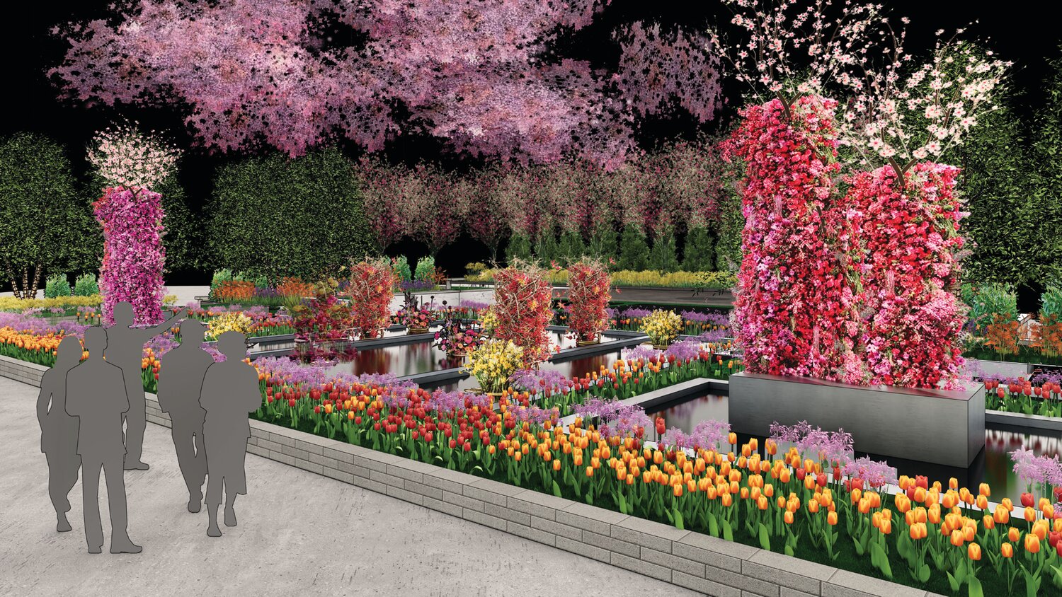 The PHS Entrance Garden at the Philadelphia Flower Show will feature an innovative use of water as an artistic medium, boasting the show’s largest-ever created body of water, shown here in an artistic rendering.