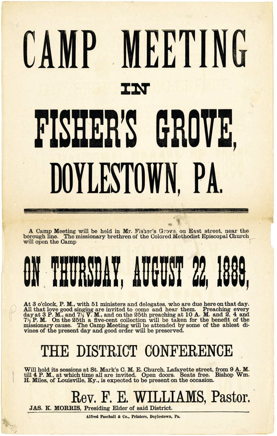 A broadside promotes an 1889 revival gathering in Doylestown.
