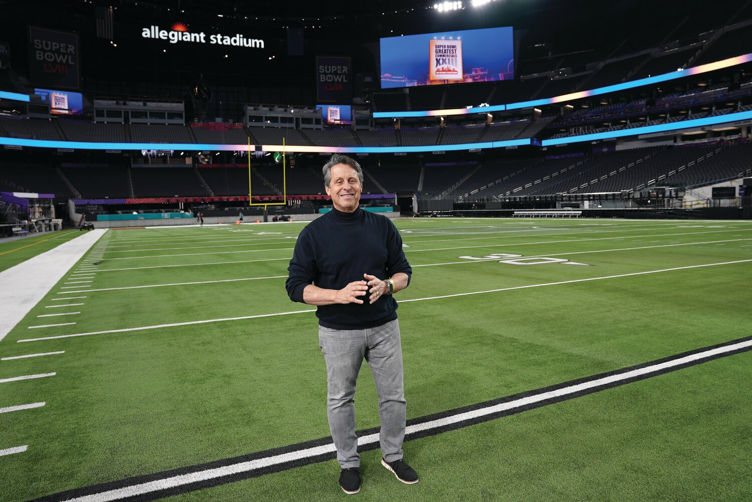 “Super Bowl Greatest Commercials XXIII: The Ultimate Countdown” show creator and executive producer Robert Horowitz of Newtown-based JUMA Entertainment on location at Allegiant Stadium in Las Vegas.