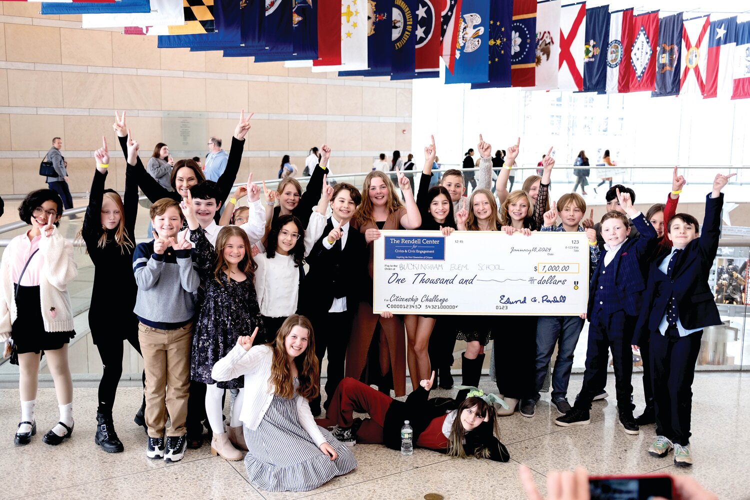 Buckingham Elementary School fifth graders celebrate their first-place win in the Rendell Center Citizenship Challenge.