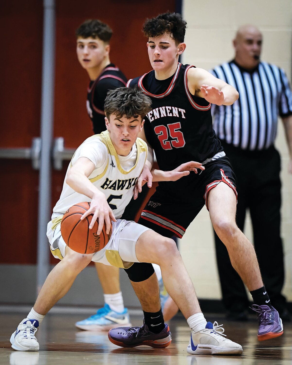 Council Rock South’s Ryan Delp tries to get around the defense of William Tennent’s Tre Stracuzzi in the first quarter.
