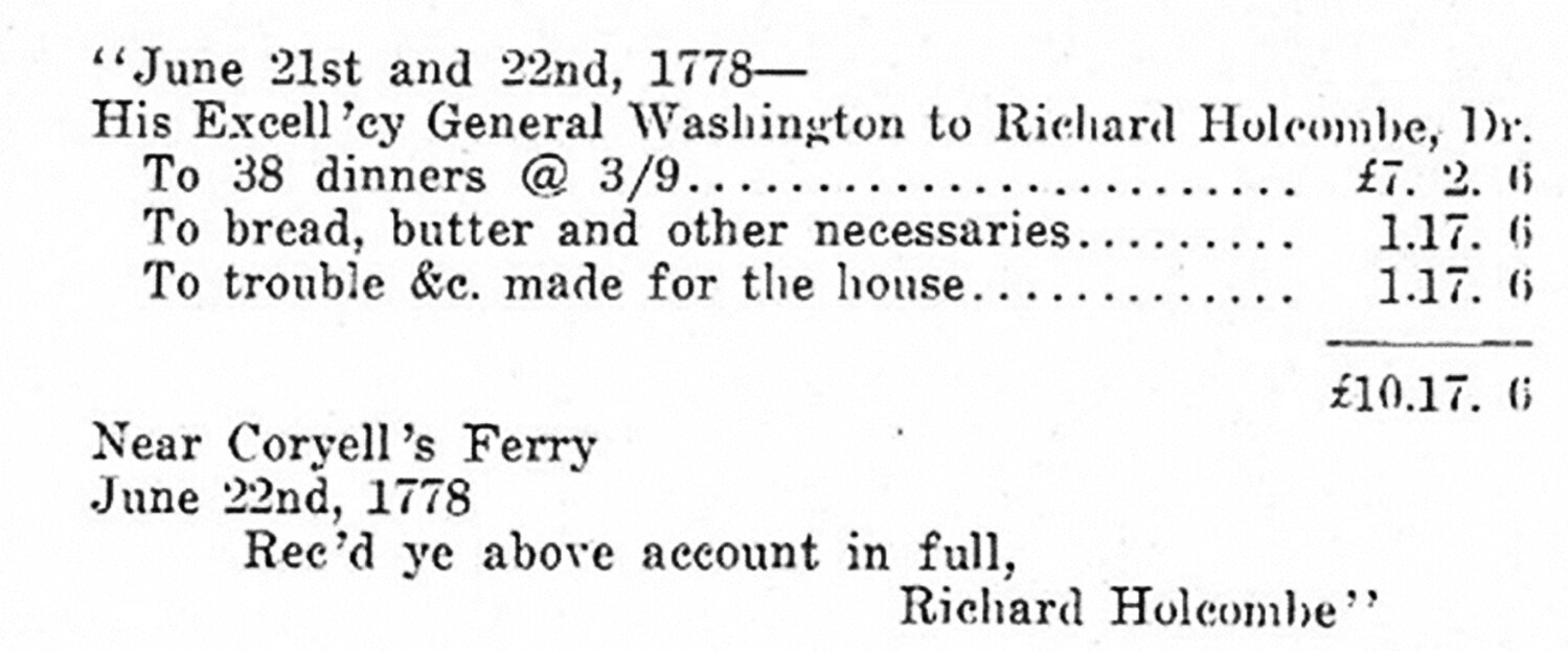 Richard Holcombe gave General George Washington a receipt for 38 dinners over June 21-22, 1778.