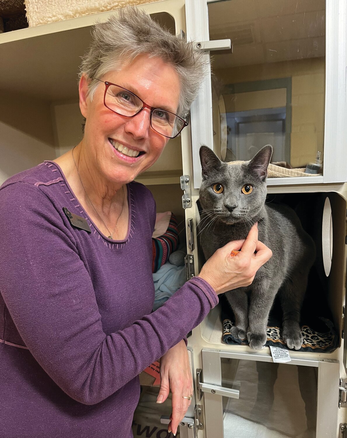 Linda Reider, executive director of the Bucks County Society for the Prevention of Cruelty to Animals, visits with Wesley, who is awaiting adoption at the shelter in Buckingham.