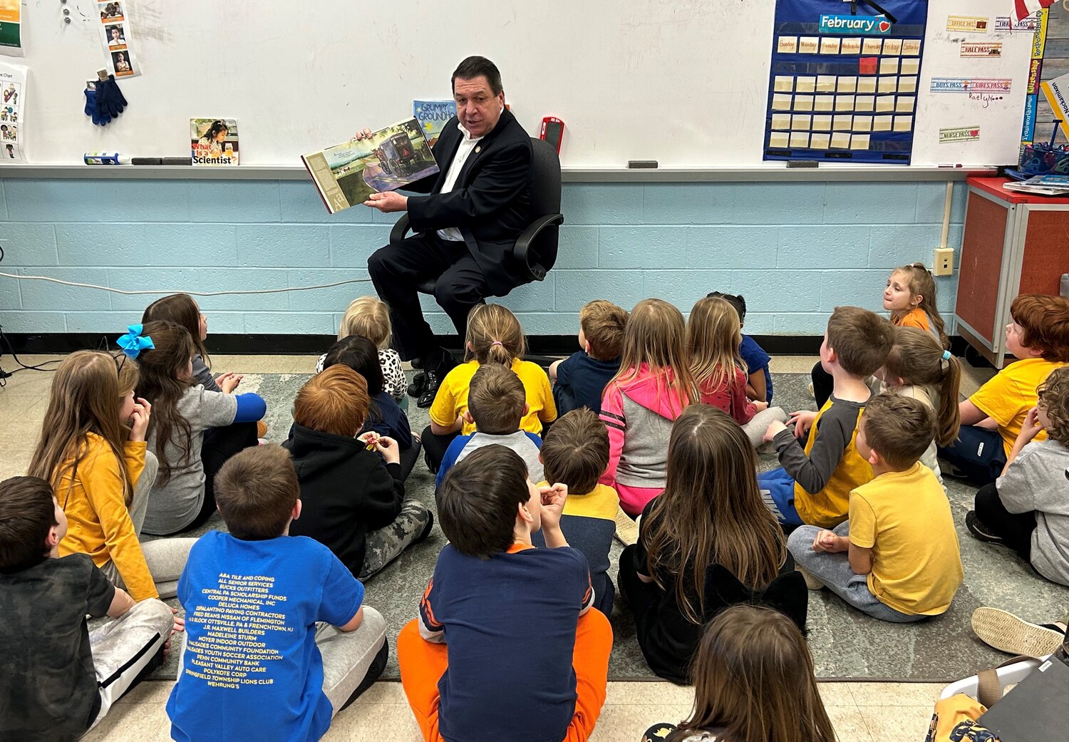 State Rep. Craig Staats, R-145, reads a book about Pennsylvania to students at Durham-Nockamixon Elementary School during an America250PA program.