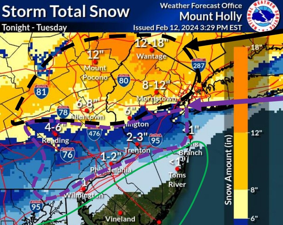 The National Weather Service in Mount Holly issued this projection for Tuesday’s story at 4 p.m. Monday.