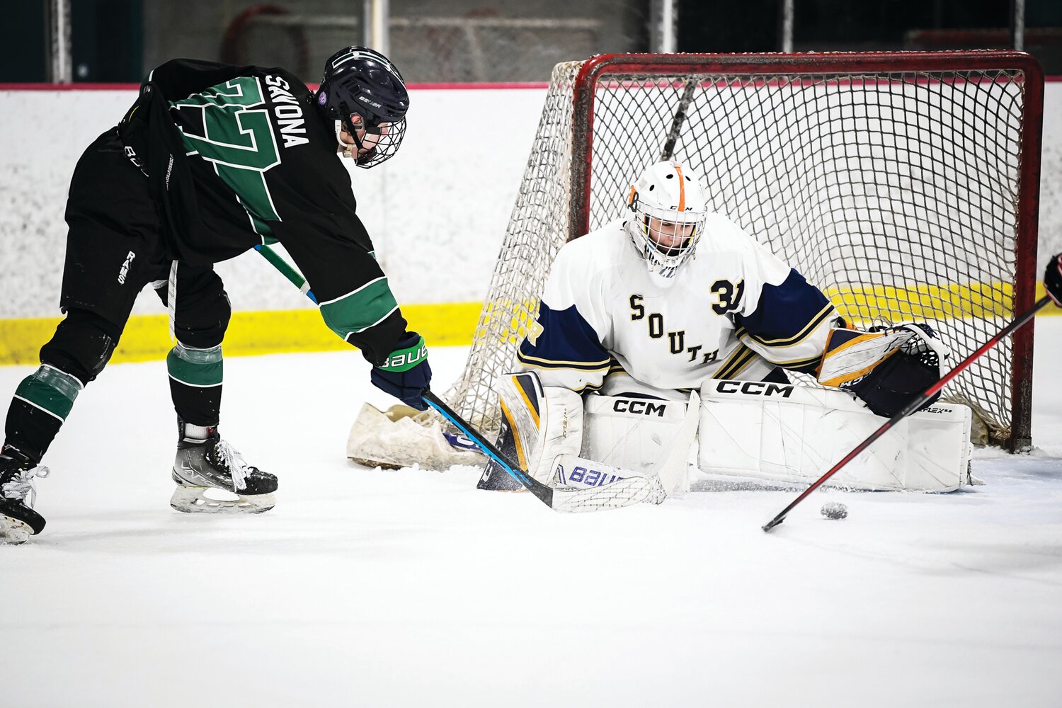 Pennridge’s Andrew Savona gets his shot stopped by Council Rock goalie Trey Prozzillo.