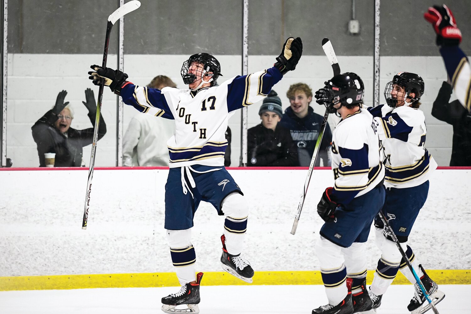 Council Rock South’s Gavin Nisenzon celebrates after his second period goal.