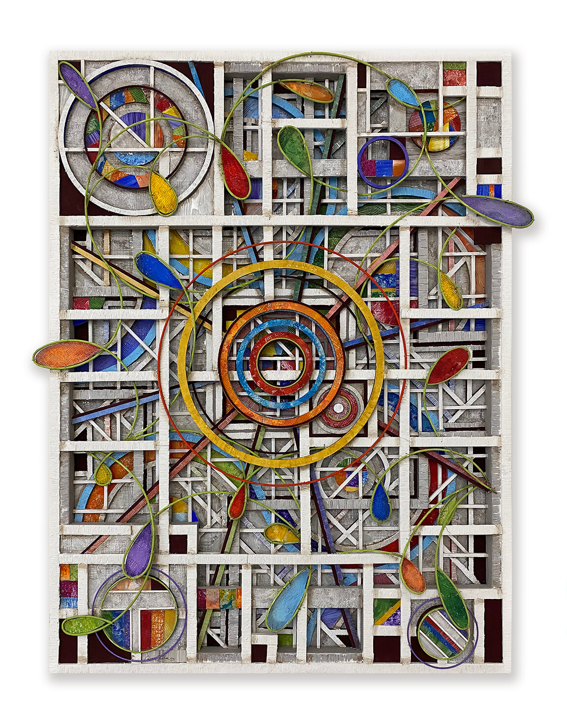 “Spectrum, Composition No. 4,” by Chuck Fischer, is an aluminum, wood and acrylic composition.
