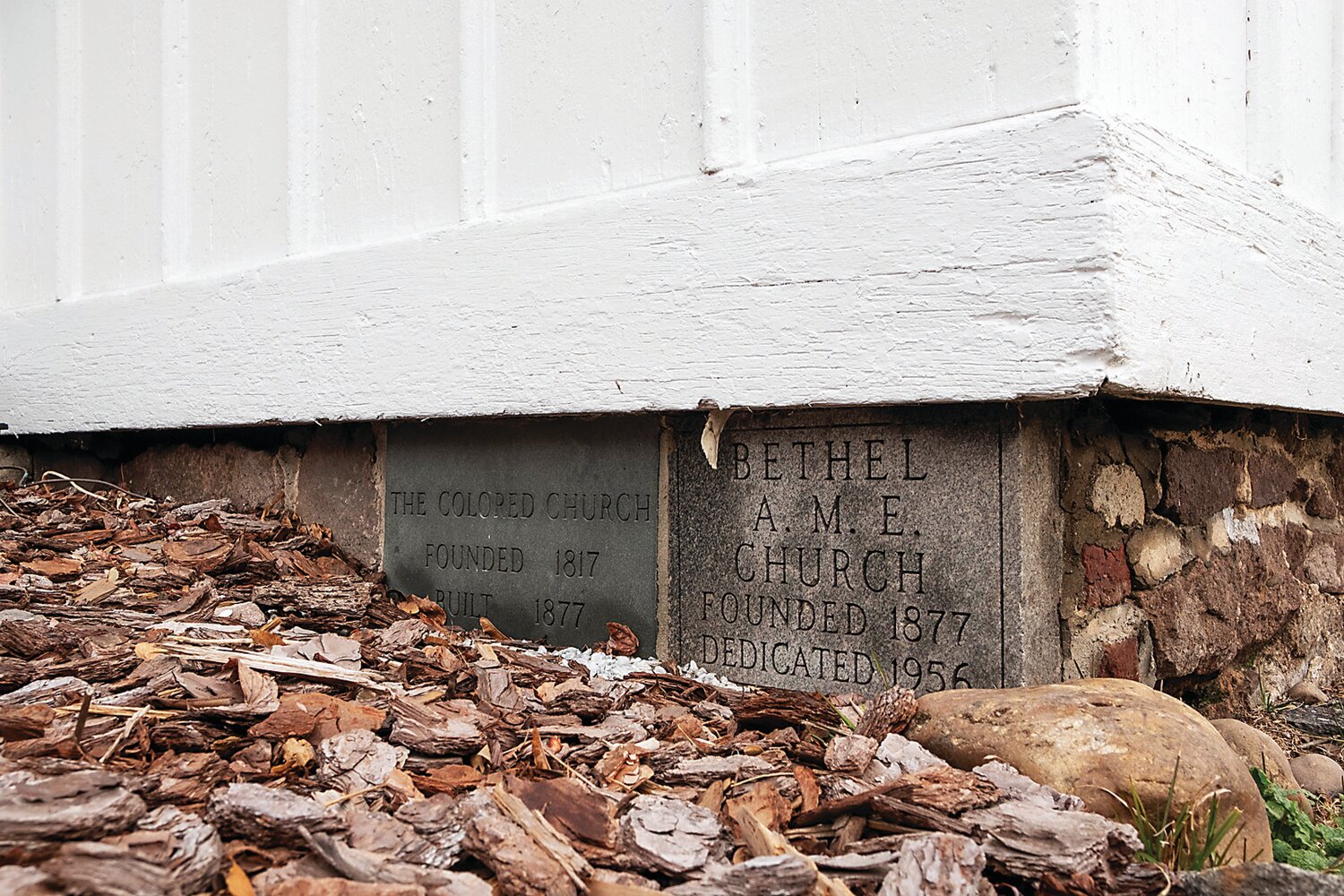 The etched cornerstone of Gather Place Museum, formerly the African Methodist Episcopal (A.M.E.) Church of Yardley.