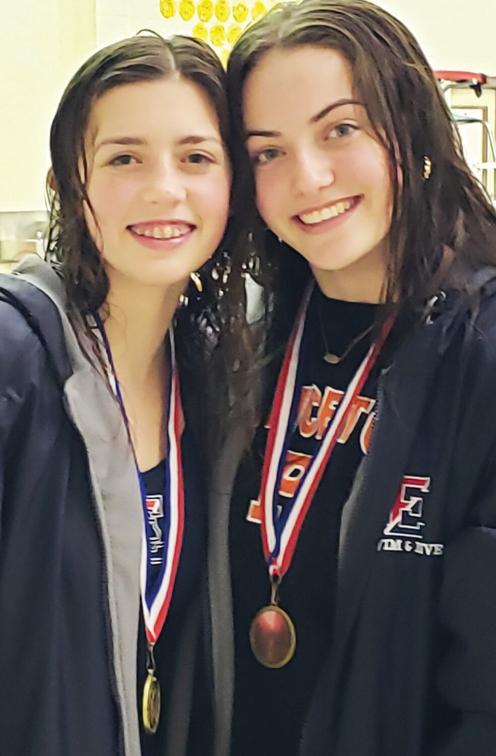 Central Bucks East’s Grace Ciepiela, right, and Marin Ford finished fourth and fifth, respectively, at the Distreict One Class 3A diving championships.