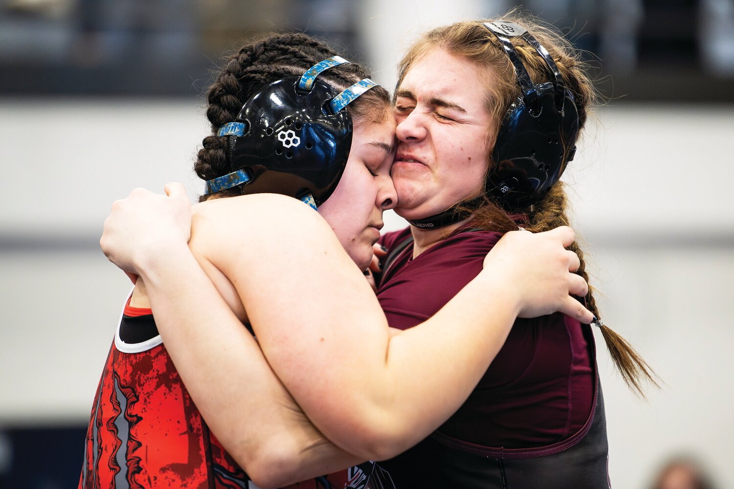 Alyssa Crespo of William Tennent and Addison Chavanic of Lehighton get face to face during their 190-pound match. Crespo would finish in fifth place in her weight class.