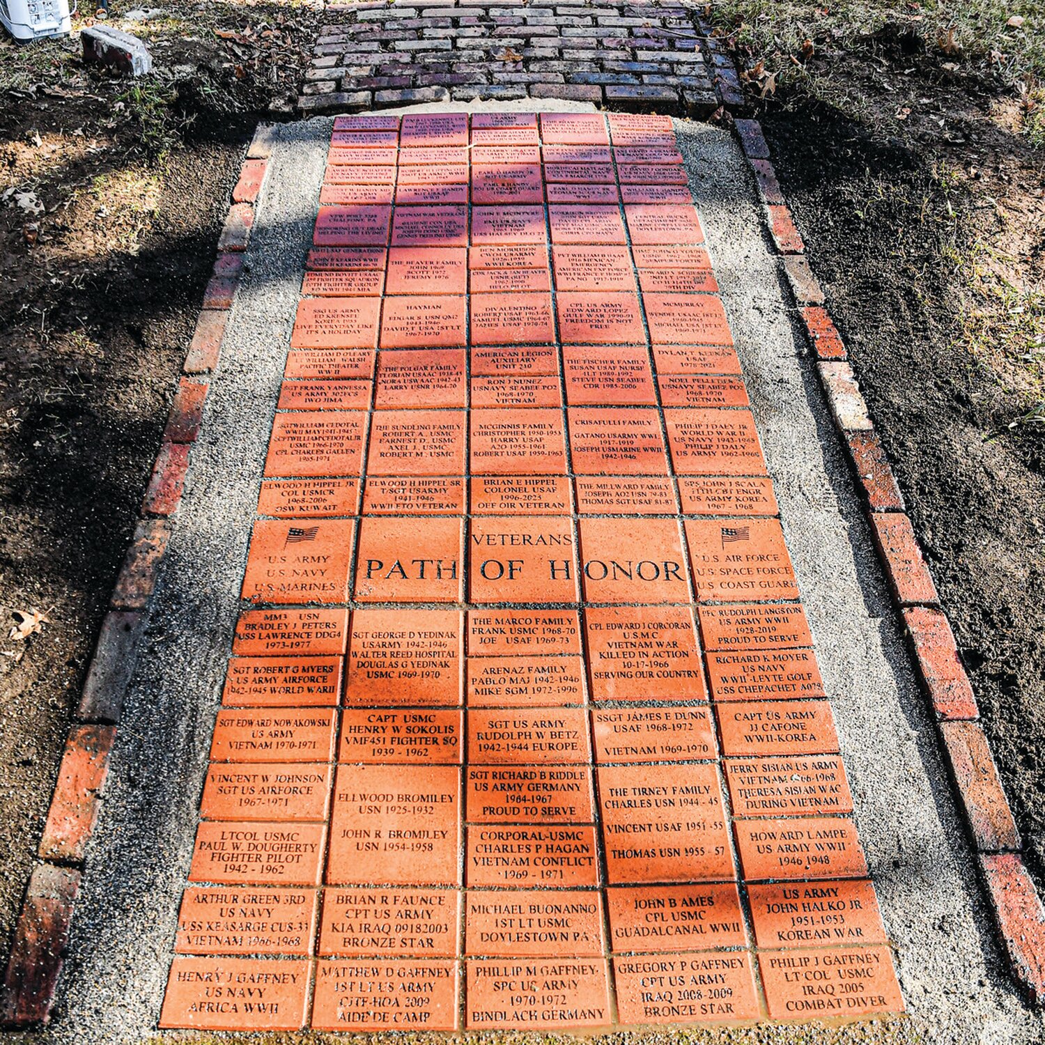The first section of the Path of Honor at Doylestown American Legion Post 210, featuring 92 bricks, is now complete. It will be dedicated in the spring, when preparations for the second section of the path are set to begin.