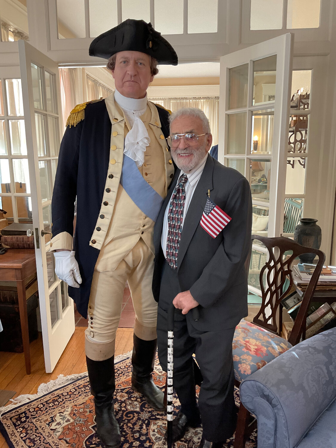 George Washington, portrayed by John Godzieba, stands with 99-year-old Joseph D’Emidio, a U.S. Navy veteran from Bristol. D’Emidio served on the boats going into Normandy and also at the Battle of the Bulge during World War II.