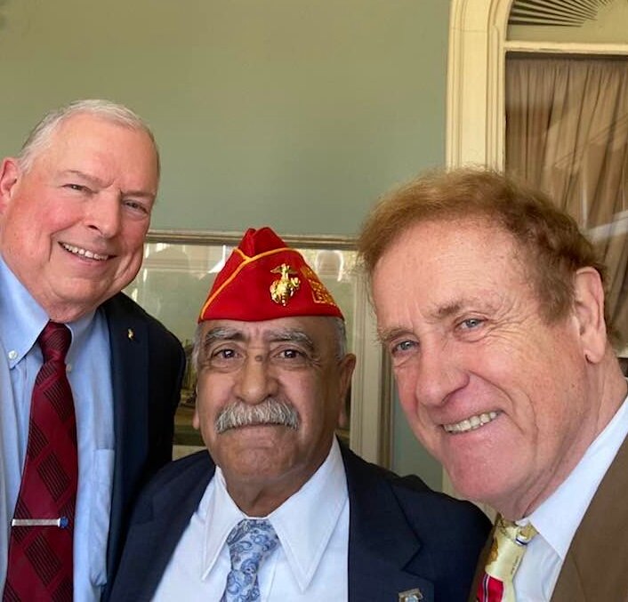 From left, Michael Clark, of Warminster; Gus Cales, of Langhorne; and U.S. Army Captain David Christian, of Washington Crossing enjoy George Washington’s birthday party Sunday at the Washington Crossing Foundation’s headquarters in Bristol Borough.