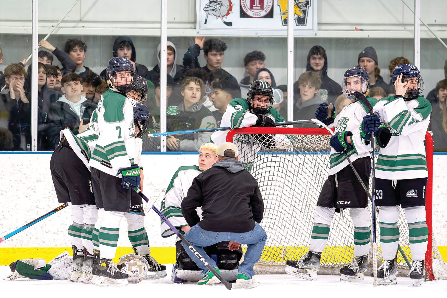 Pennridge looks to the bench for answers after goalie Jacob Winton recovers from a crash in front of the net in the third period of last Thursday’s SHSHL final and the score 5-2 at the time.
