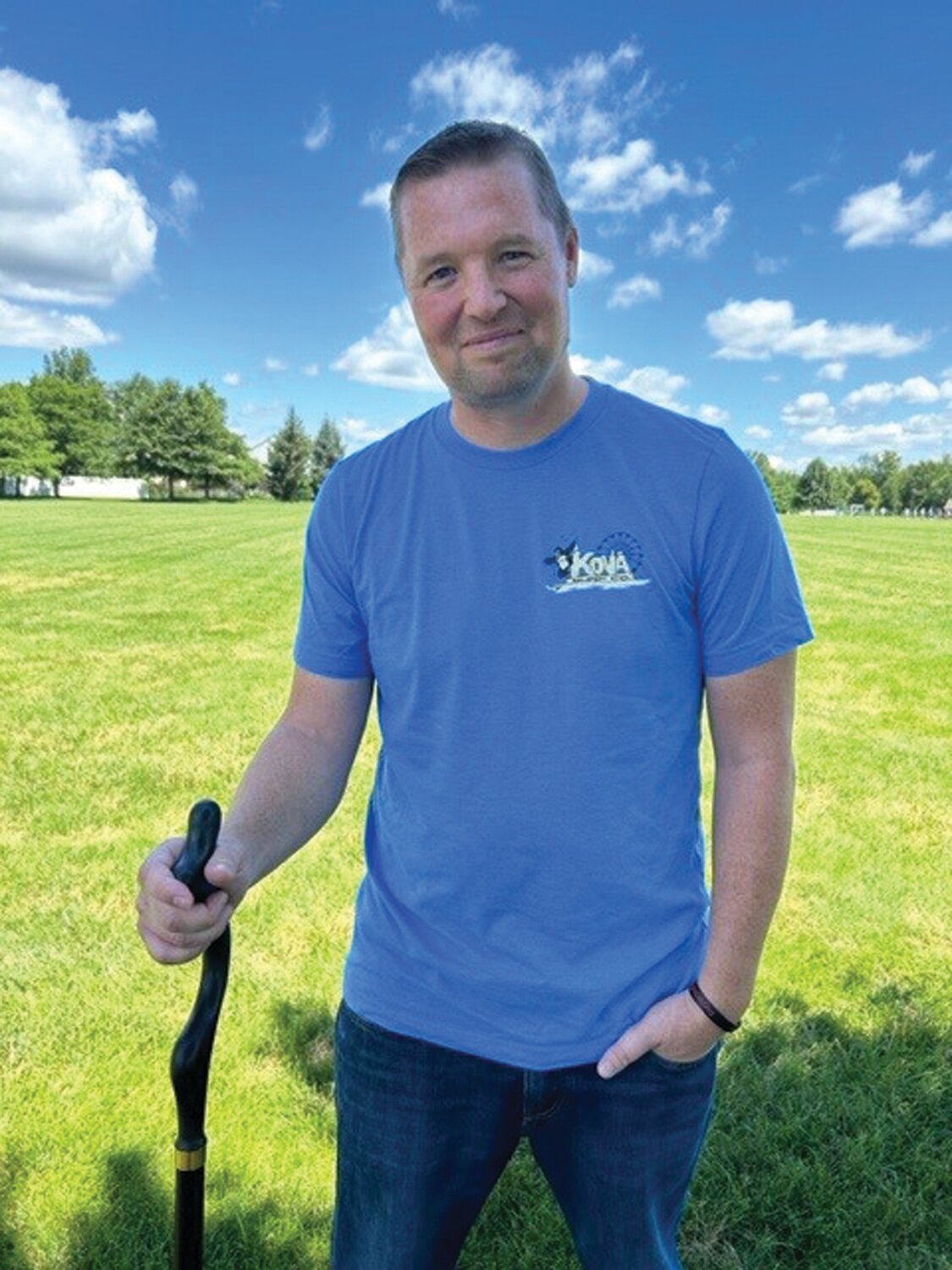 Bensalem author Jay Armstrong with the cane he calls Clark-able.