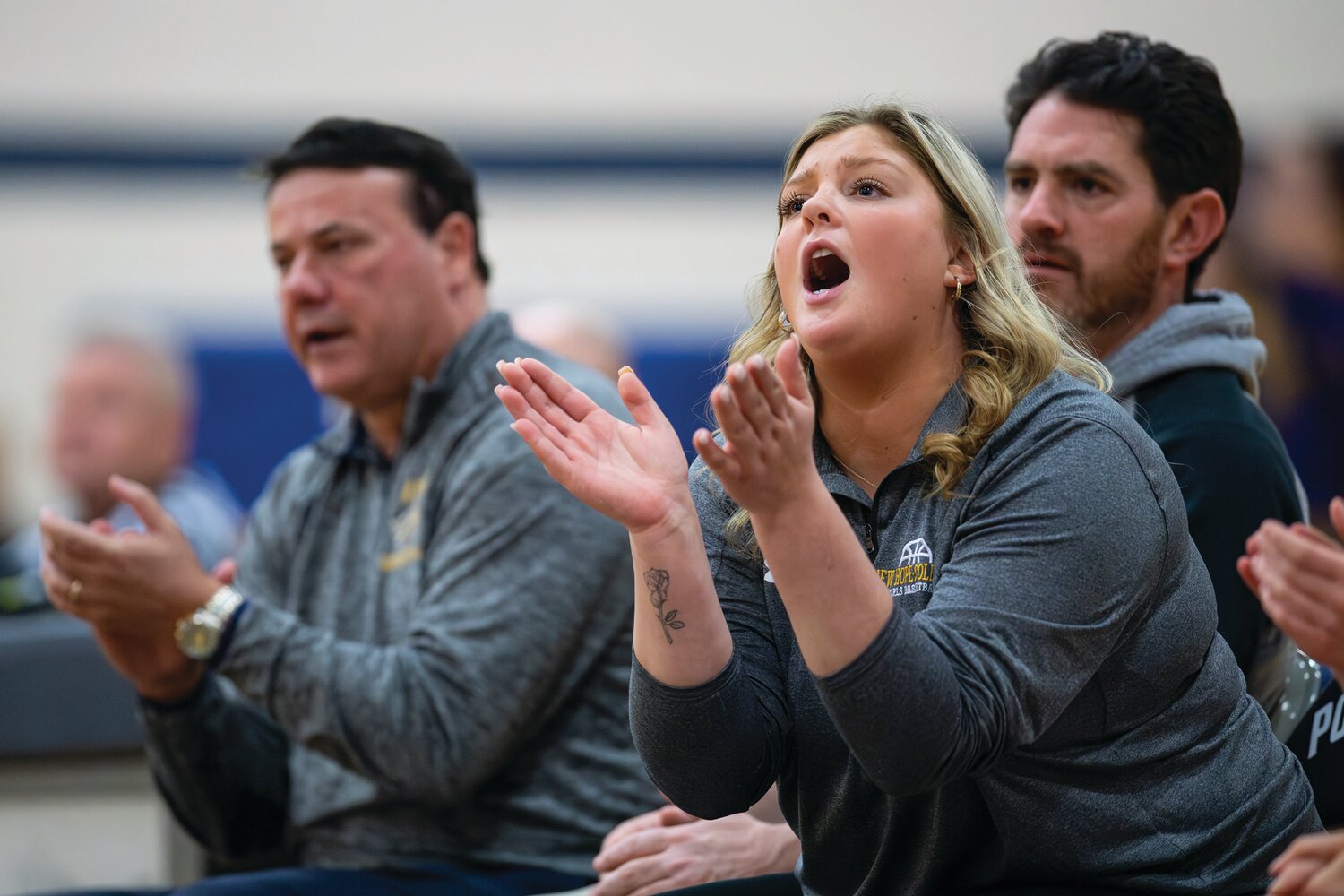 New Hope-Solebury coaches during the first quarter, from left, head coach Steve Polinsky, and assistant coaches Kalie Soulsby and John Turner.