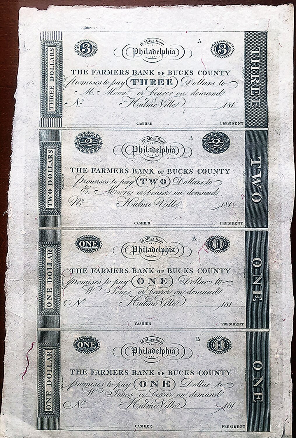 Uncirculated currency from the Farmers Bank of Bucks County is shown during the bank’s years in Hulmeville Borough.