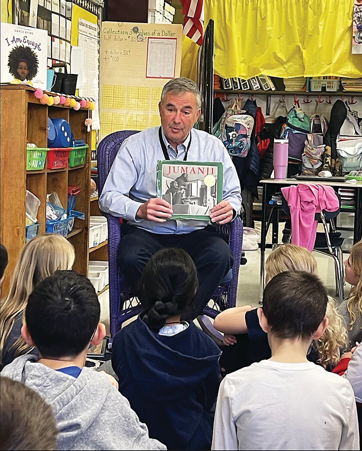 Former Council Rock Superintendent Mark Klein, who spent 37 years in the district before retiring in 2015, came back to Newtown Elementary School last week to read to Mindy Popescu’s third grade class.