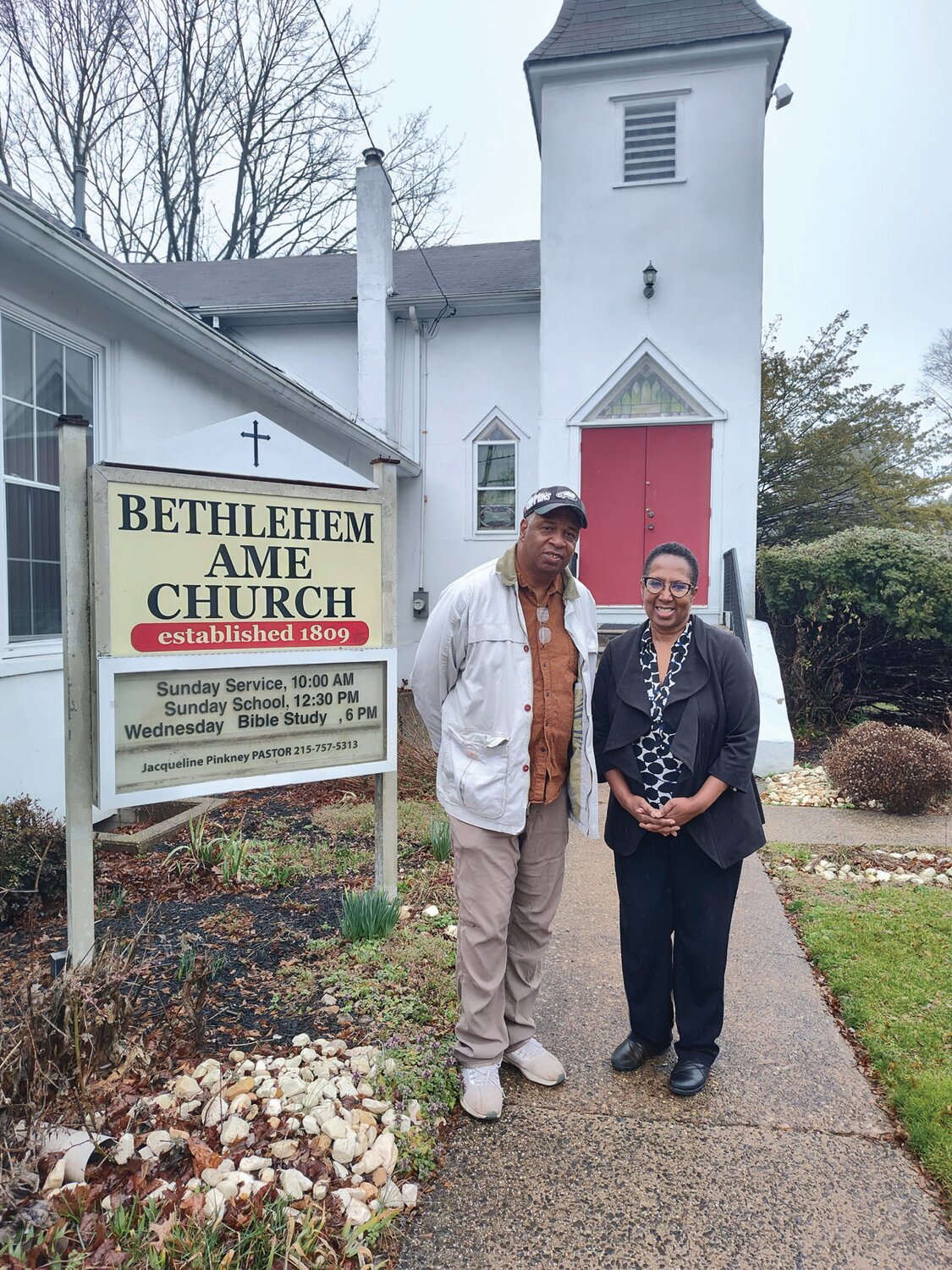 Thomas Ross and Pastor Jaqueline  Pinkney  at the entrance to Bethlehem AME Church in Langhorne.