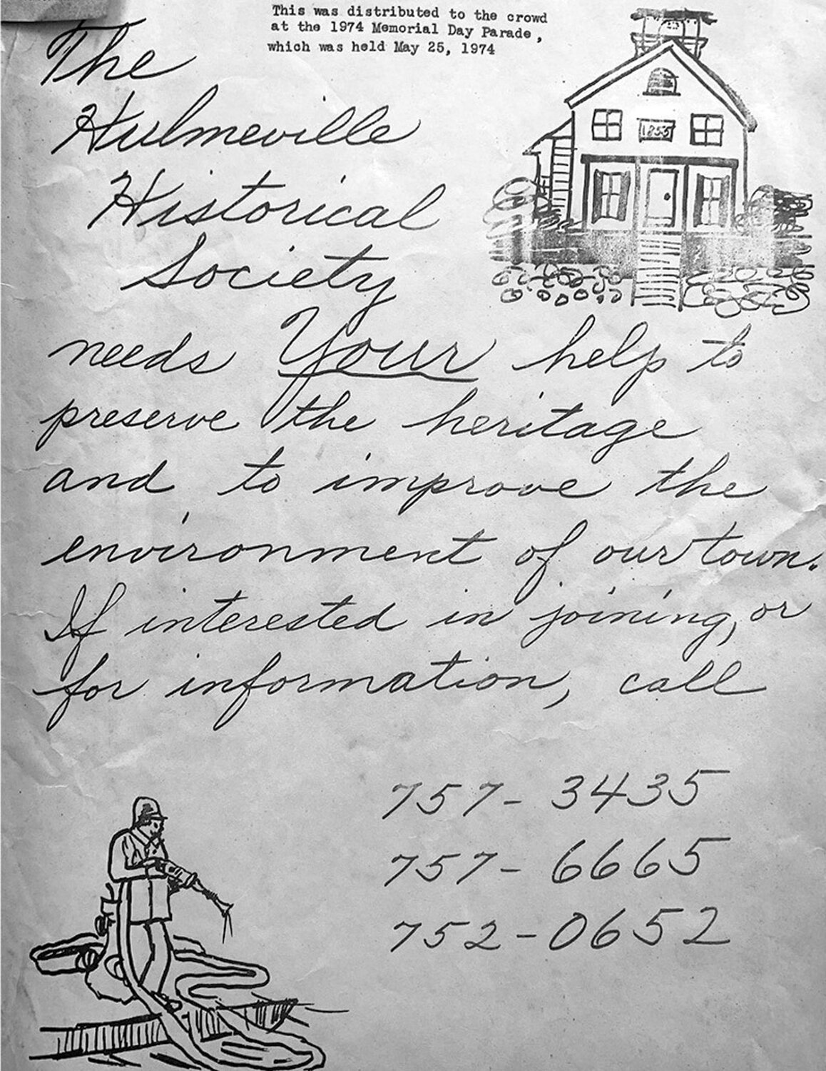 This first flyer, circulated in 1974, was aimed at recruiting historical society members. The Hulmeville Historical Society was formed 50 years ago this month.