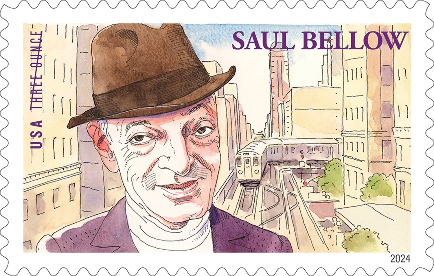 This postage stamp depicting Saul Bellow on a Chicago street was illustrated by Joe Ciardiello of Hunterdon County.