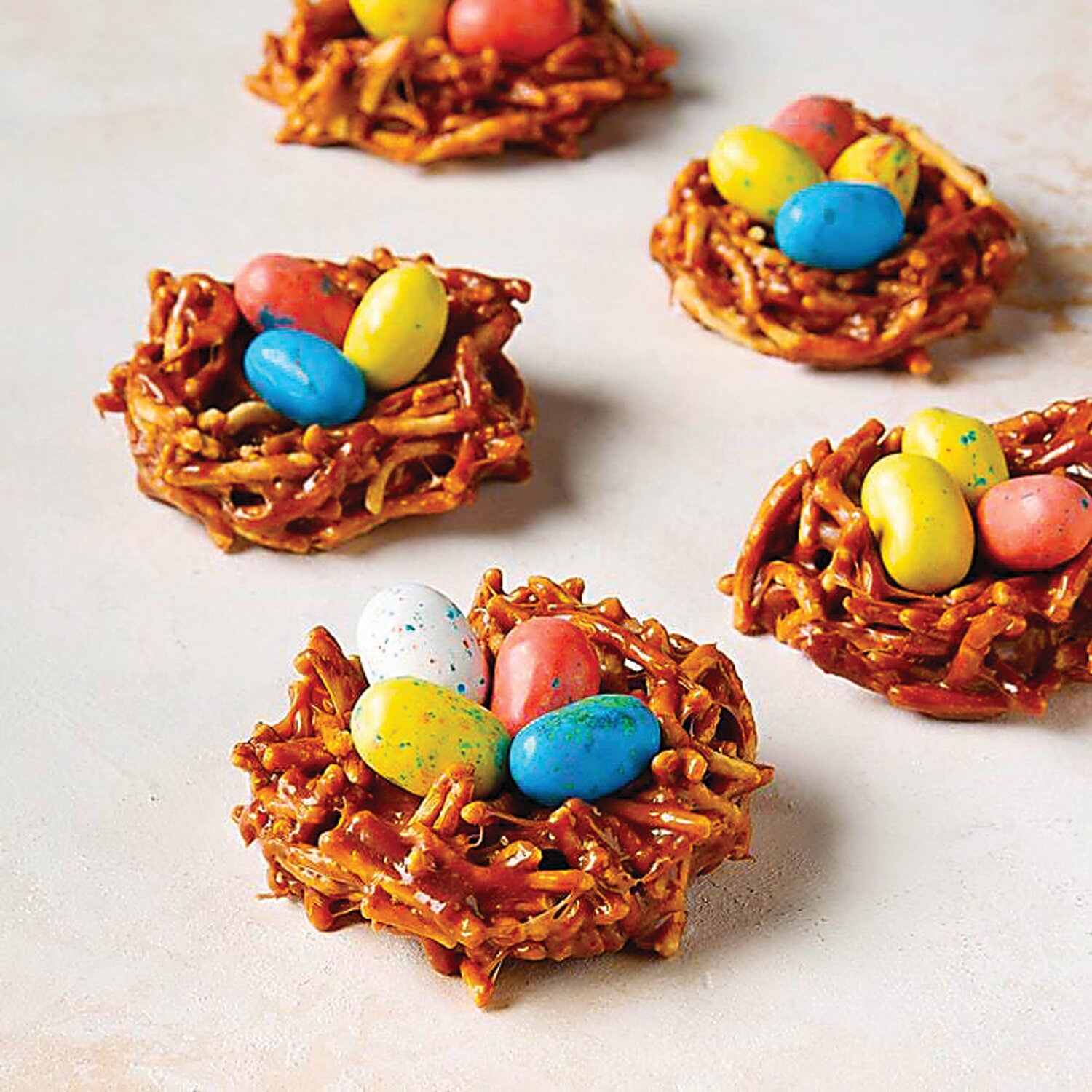 Chow mein noodles are the base of these nests.