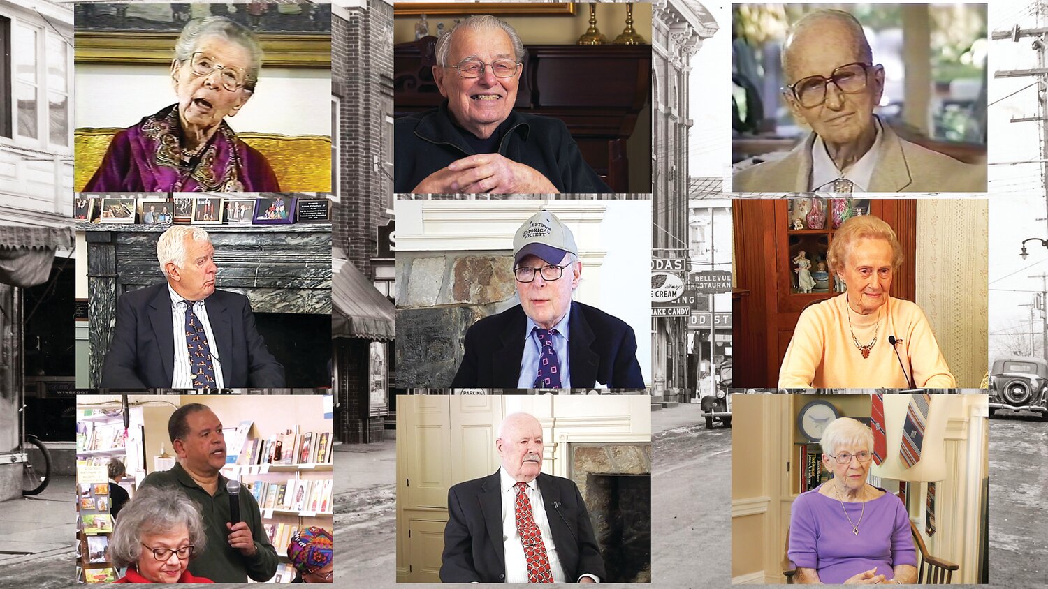 A collage shows various interviews, conducted by the Doylestown Historical Society, of past Doylestonians recalling their experiences in Doylestown.
