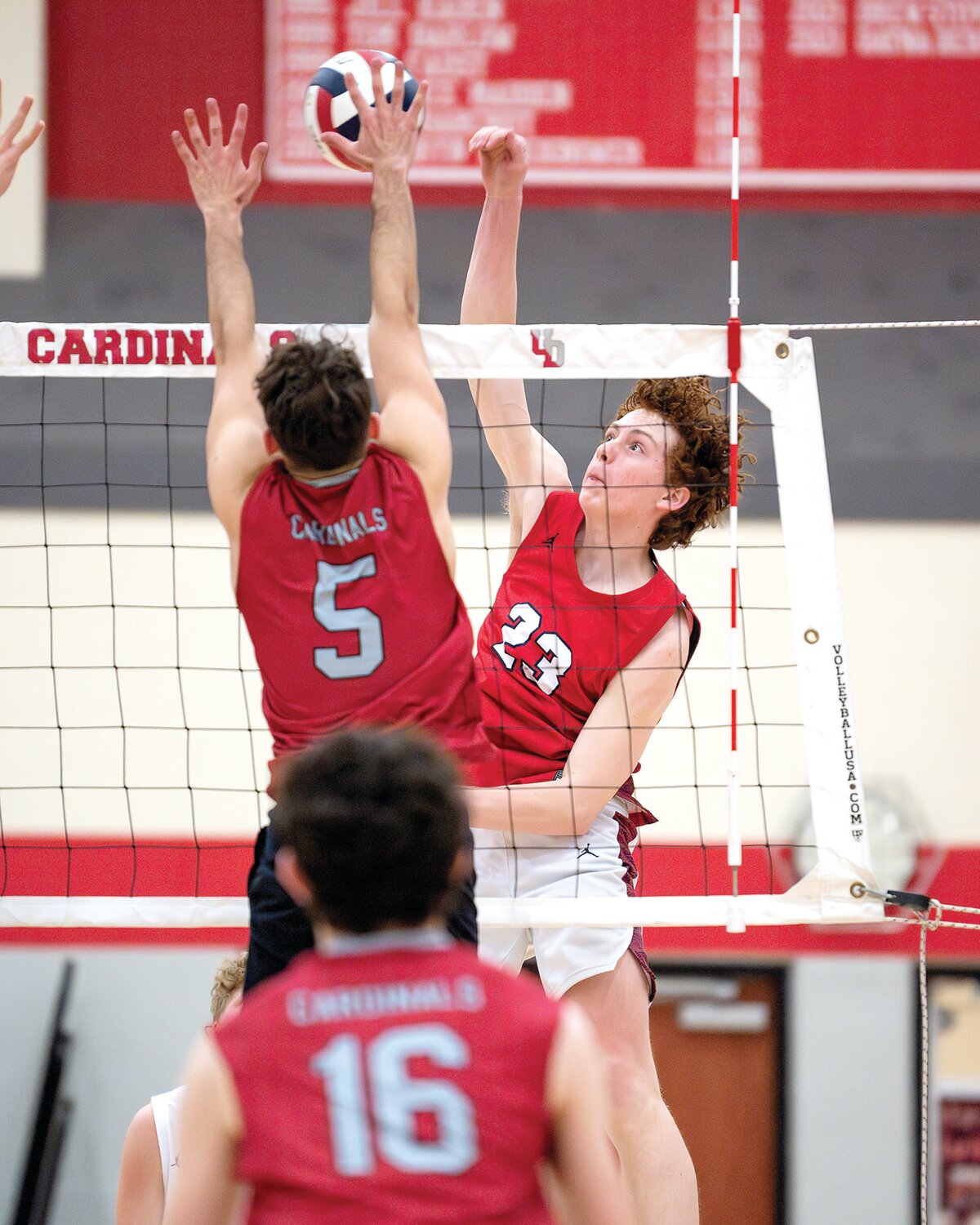 Central Buck East’s Evan Blank with the spike past the outstretched defense of Upper Dublin’s Scott Barenbaum.