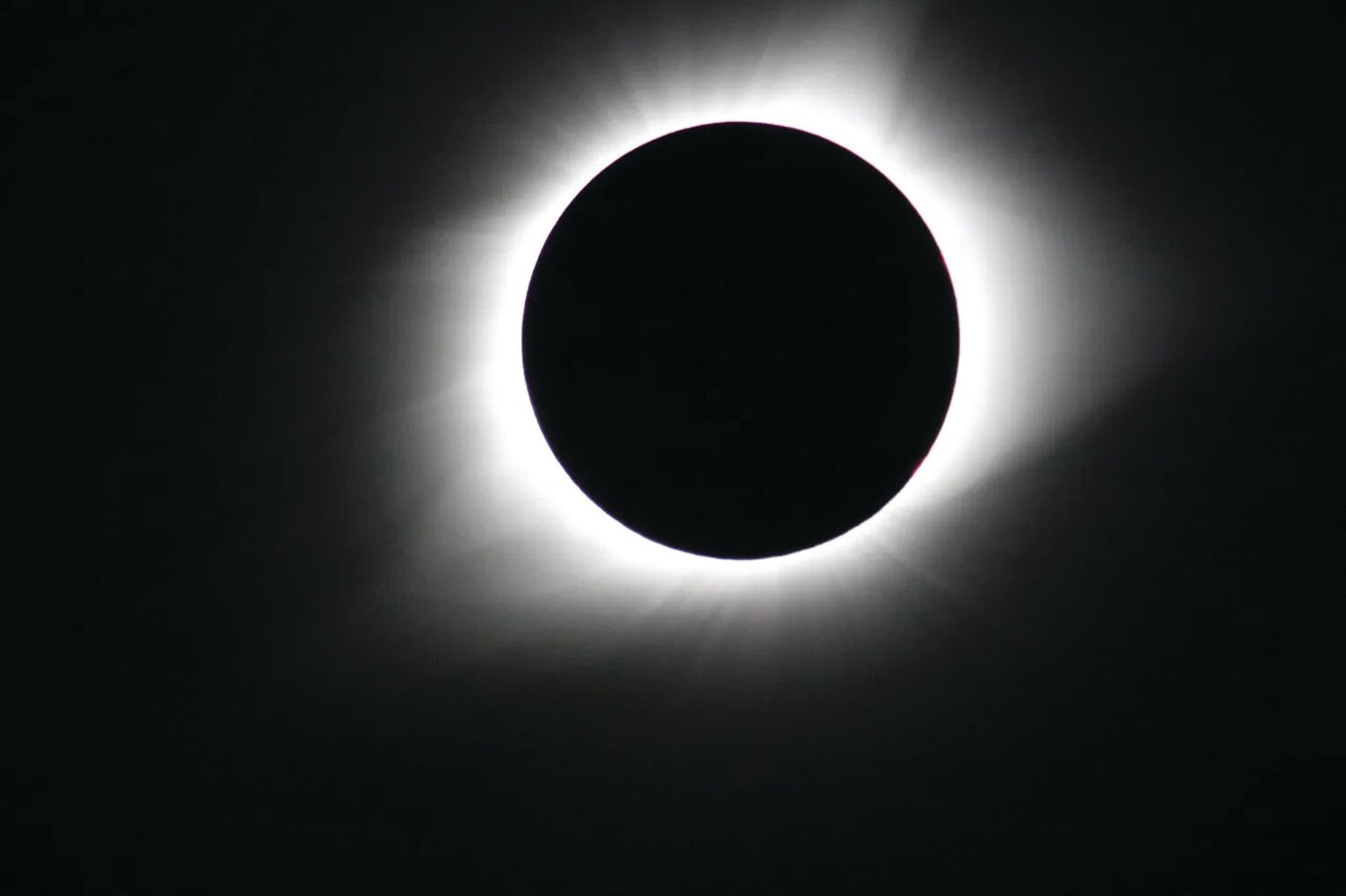 A view of the August 2017, total solar eclipse from Madras, Ore., showing ghostly white corona of the sun when the moon completely blocks the sun’s disk.