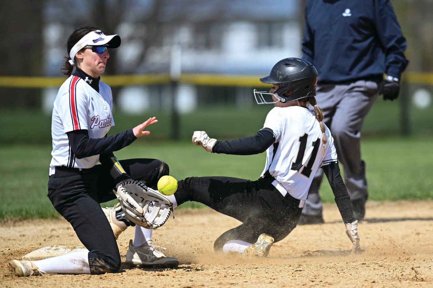 Archbishop Wood’s Parker Kraus beats the throw, stealing second base in the top of seventh inning as William Tennent shortstop Sydney Teufel fields the ball.