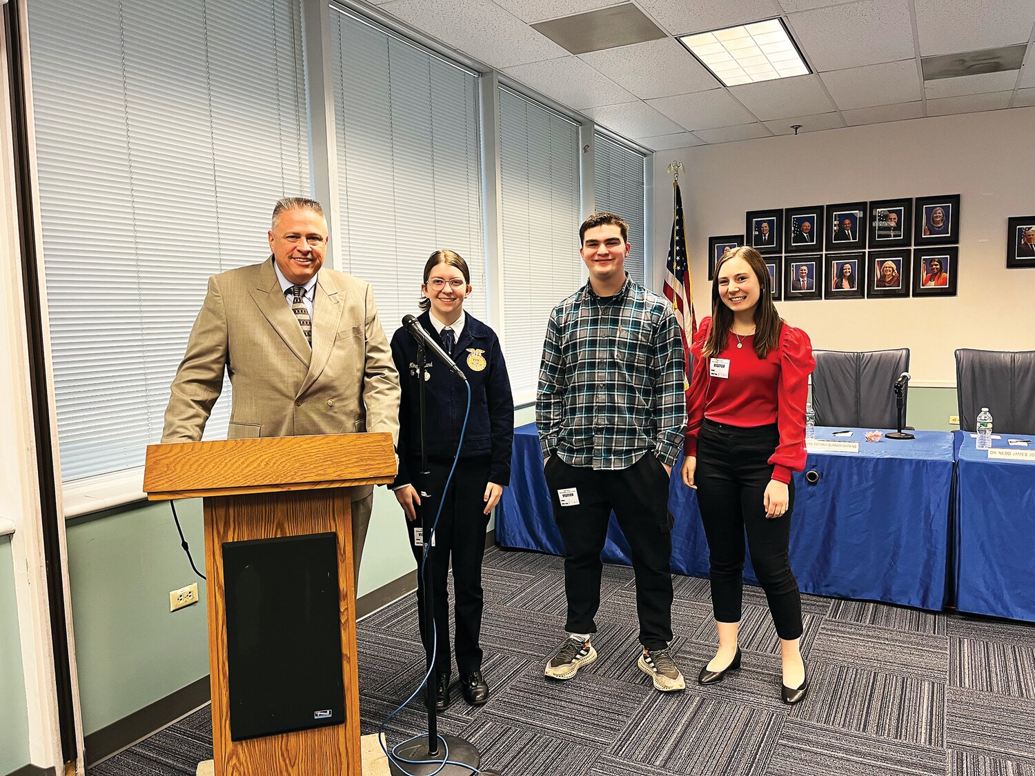 Hunterdon County Vocational School District Superintendent Dr. Todd Bonsall is joined by students Nina Weiland, Zach Gillespie and Ally Kusmiesz for the opportunity to present in front of the New Jersey State Board of Education to highlight the value of career-focused high school education.