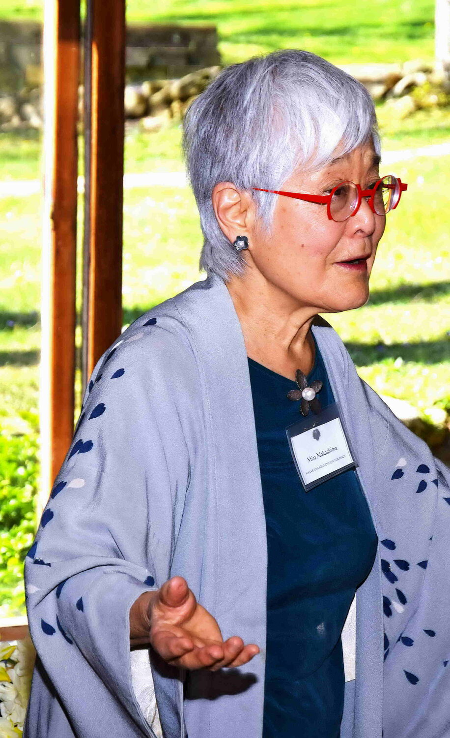 Mira Nakashima speaks at last weekend’s Nakashima Foundation for Peace celebration at the family’s compound.