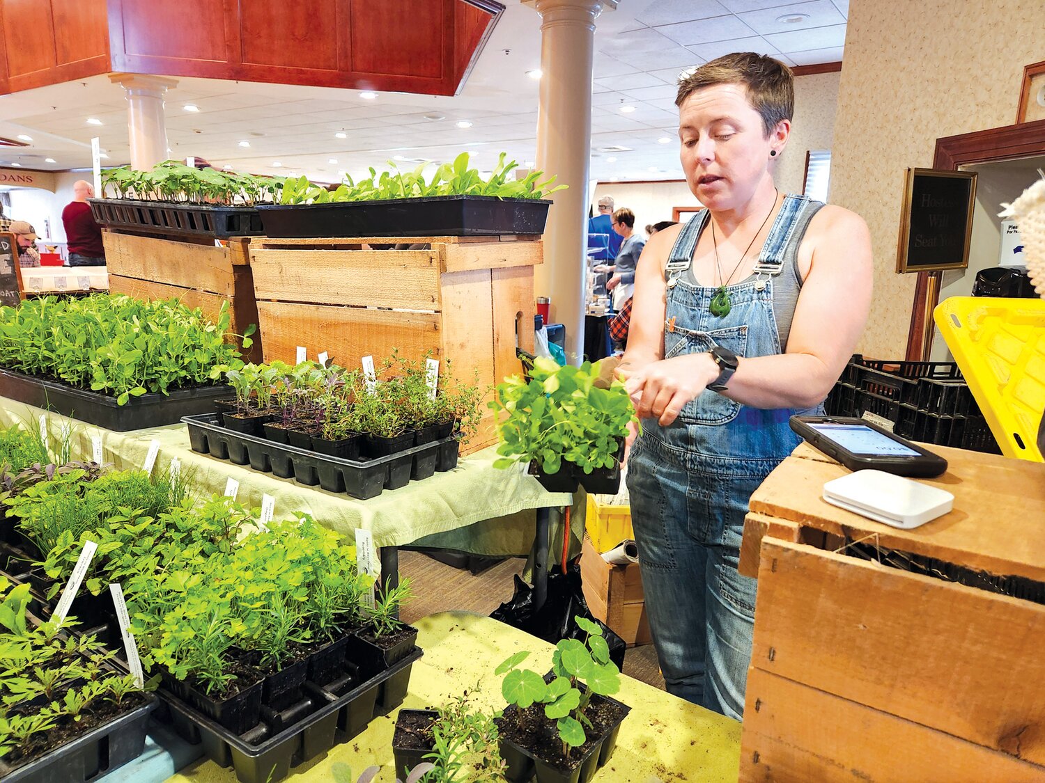 Sam Marlow of Roots to River Farm answers questions on the vegetable and herb plants she was selling at last week’s Wrightstown Farmers Market.