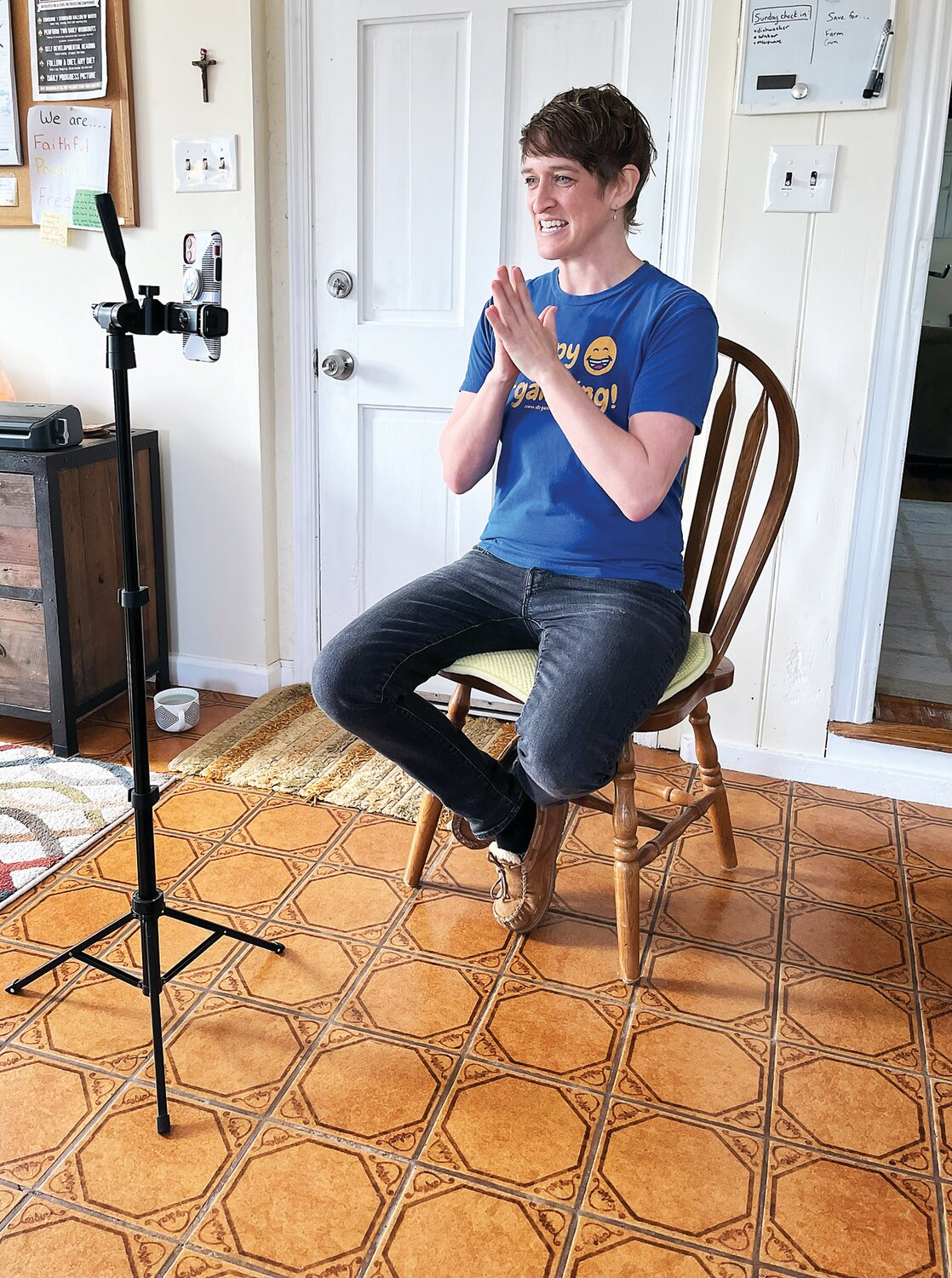 Christen Fackler records her own videos in the kitchen of her Plumstead farmhouse.
