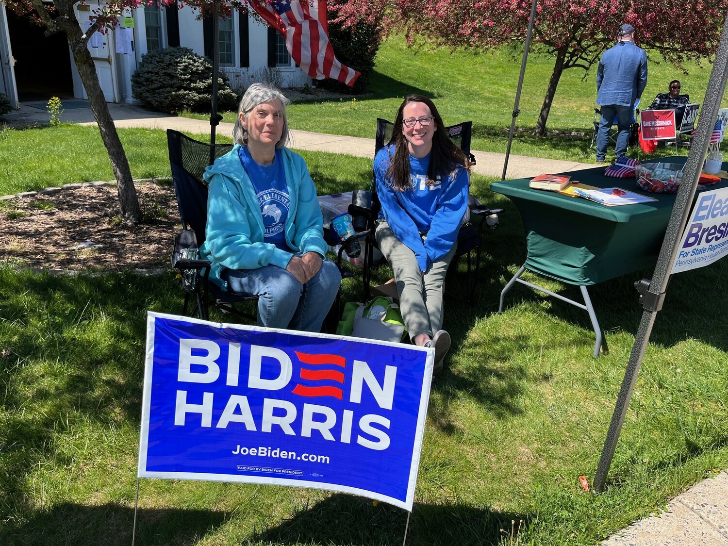 Sue Stetler, left, and Dawn Kurran relax at a polling place in Bedminster on the day of the 2024 Pennsylvania Primary Election.