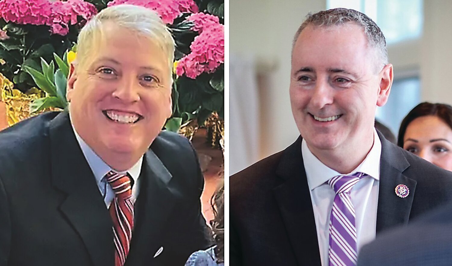 Unofficial tallies Tuesday night indicated that Mark Houck, left, fell short in his bid to replace incumbent U.S. Rep. Brian Fitzpatrick on the Republican ticket heading into the General Election in November.