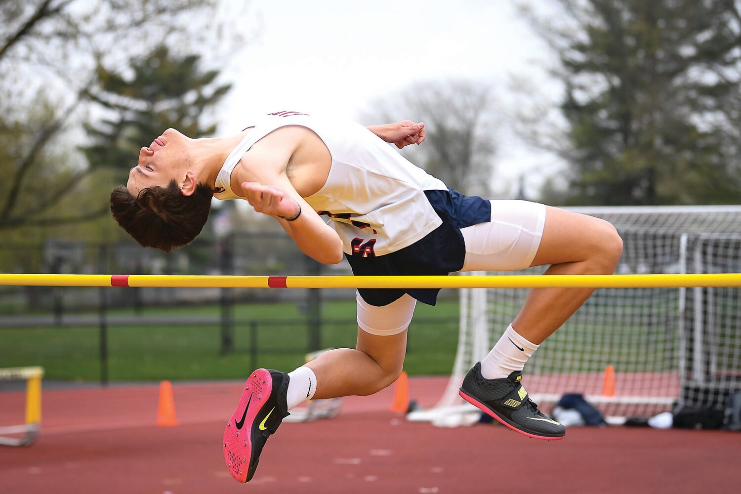 Central Bucks East’s Tieren Mead clears an early attempt on the high jump.