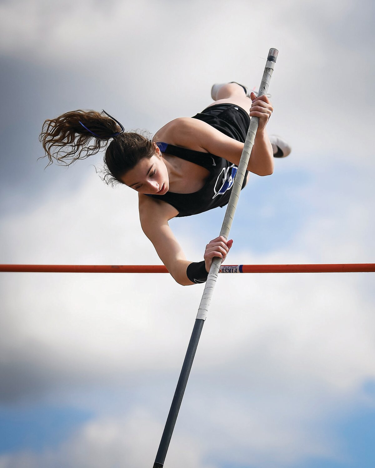 Central Bucks South’s Jacquelyn Waddell clears 9 feet, 6 inches and would later go on to clear 10 feet to win the girls pole vault.