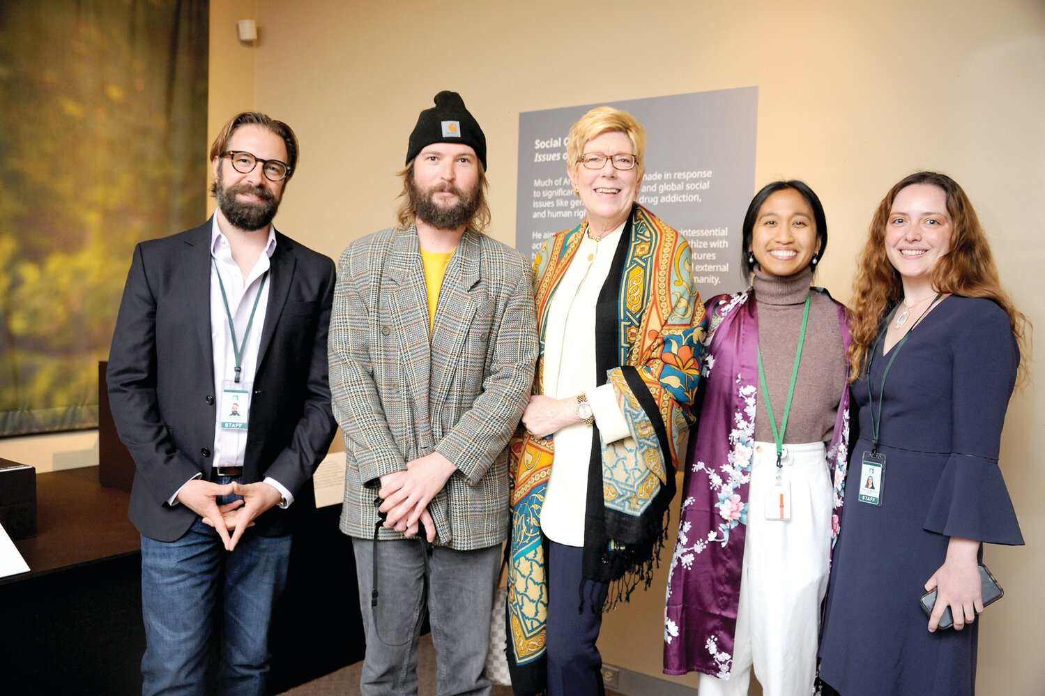 Vincent Hawley, exhibition manager; Donald Ross Murphy, art preparator; Lisa Hanover, guest curator of exhibition; Abi Lua and Rebecca McCarron.