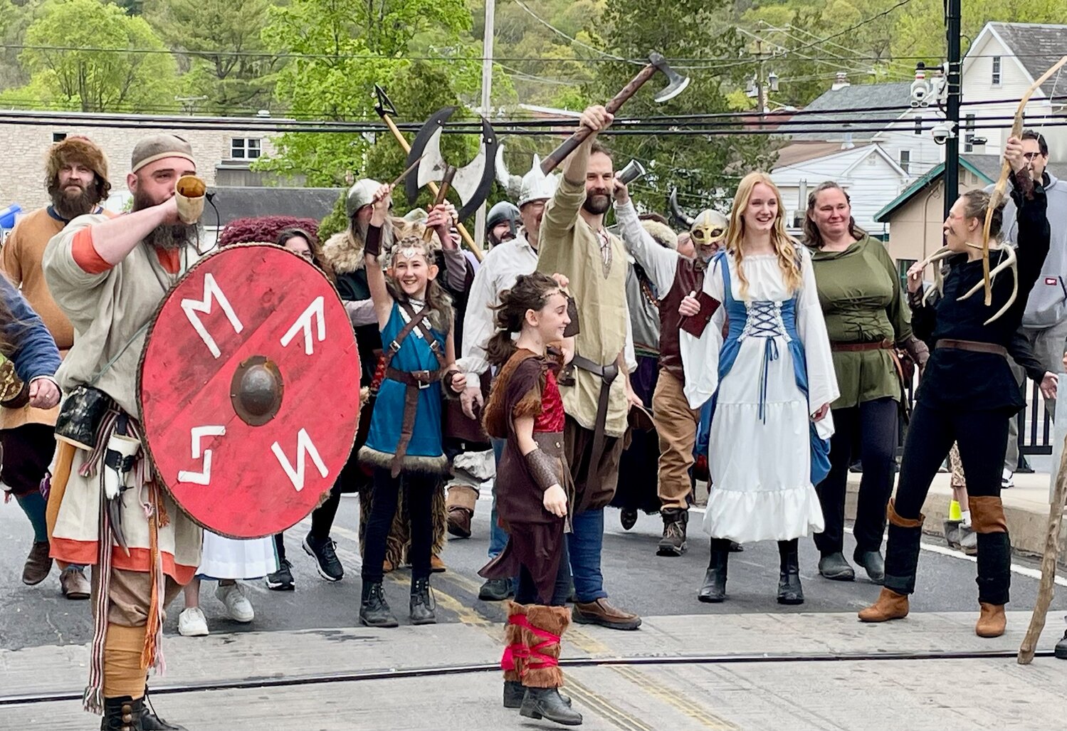 The horde assembles in Upper Black Eddy, Bucks County, for the invasion of Milford, Hunterdon County, at the start of Saturday’s Viking Fest.