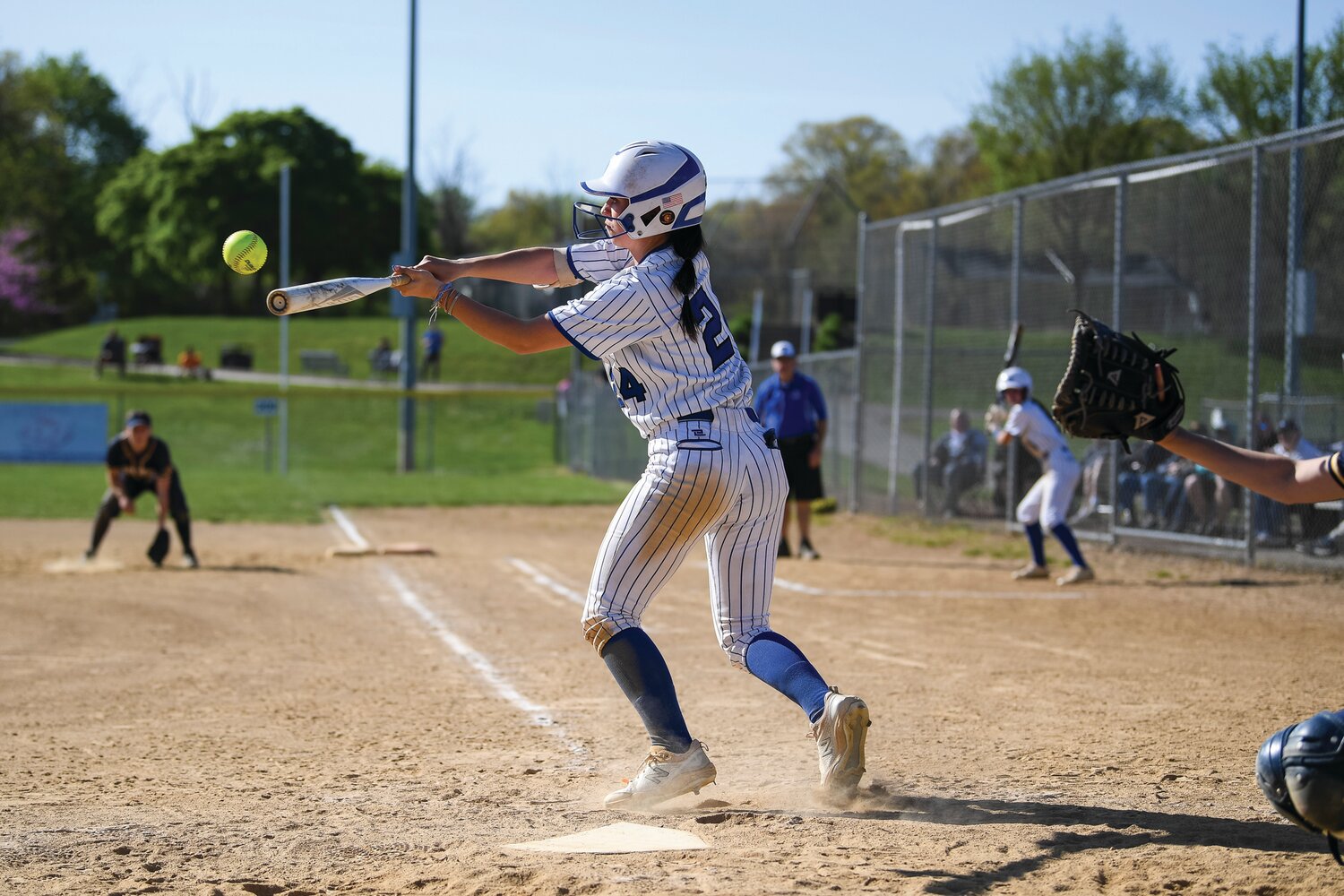 Quakertown’s Ava Beal slaps a base hit in the fifth inning of Friday’s contest against New Hope-Solebury.