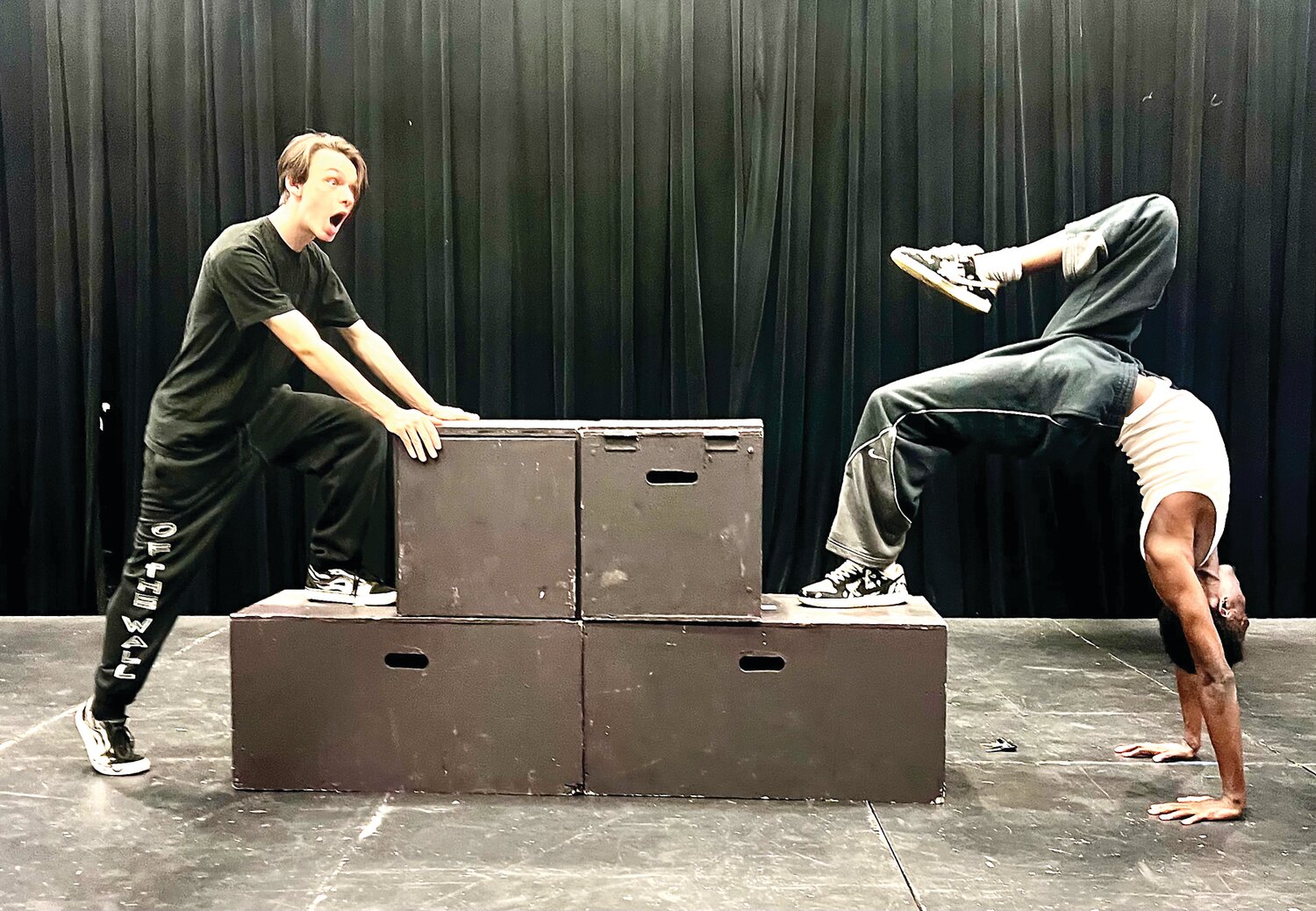 Jordan Schutz of Chesterfield, N.J., and Xazavion Lane, of Trenton, N.J., rehearse for the Mercer Dance Ensemble, performing for two nights only at MCCC’s Kelsey Theatre, May 11-12.